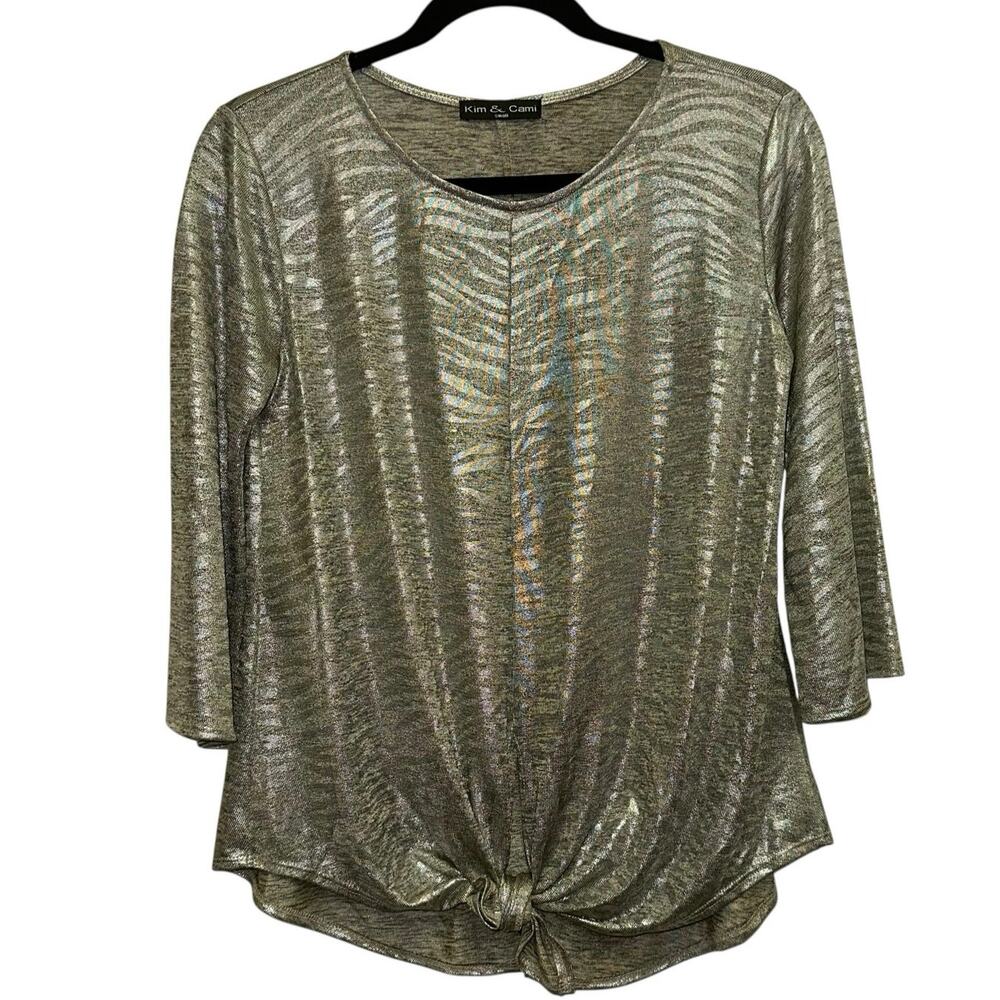 Kim & Cami Metallic Silver Foil Top Tie Front 3/4 Sleeve‎ Blouse Size Small